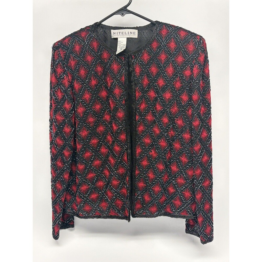 Vintage Niteline Black Red Silk Sequined Beaded Evening Formal Jacket Size S